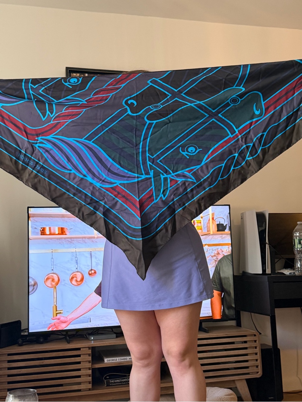 Hermes Silk Quadrige Bayadere Giant Pointe Triangle Scarf Encre Bronze Cobalt